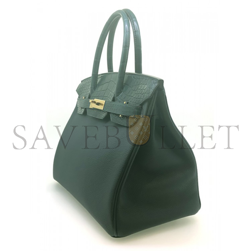 HERMÈS MASTER BIRKIN 30 MATTE CROCODILE AND TOGO LEATHER CYPRESS GREEN GOLD BUCKLE H076235CK36 (30*22*16cm)